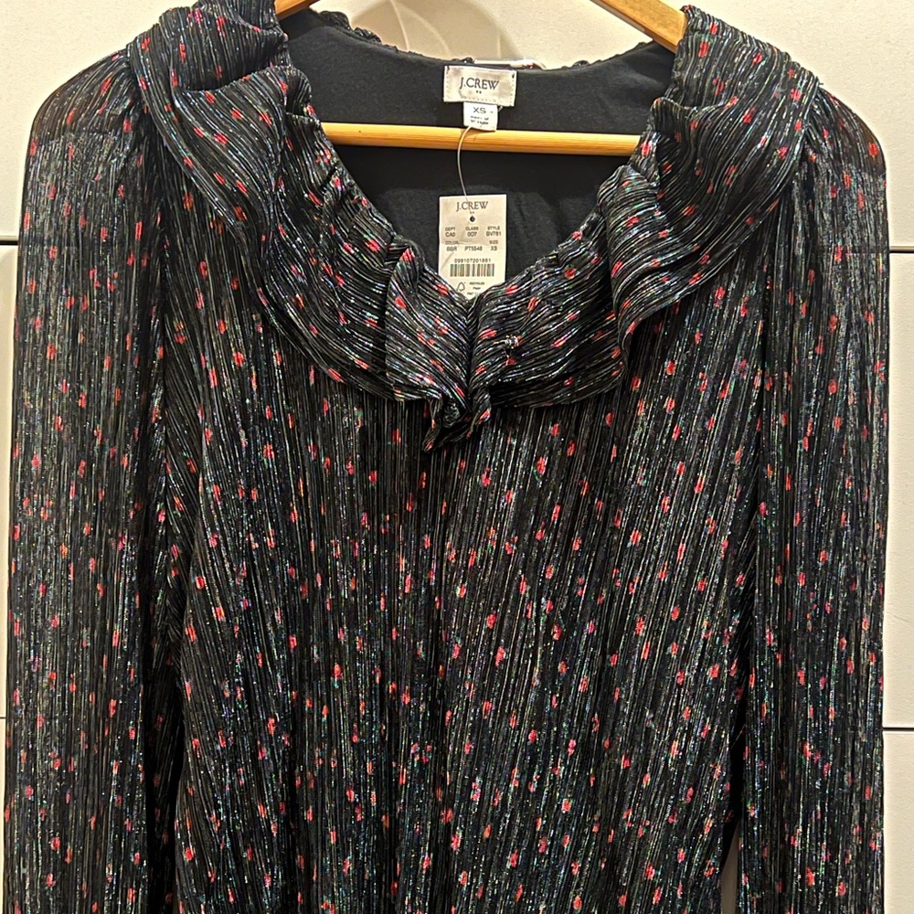 J. Crew Shimmer ruffle V-neck top: Black and Pink Striped Floral Blouse
